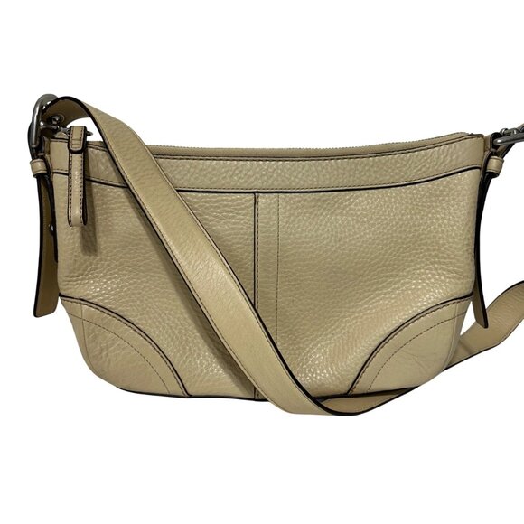 Coach Beige Pebbled Leather Crossbody Bag With Purple Lining & Adjustable Strap - Picture 9 of 10